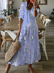 Hoobd Summer Fashion Floral Print Holiday Long Dress Casual Loose Drawstring Half Sleeve Dress Women V Neck Chic Ruffled Boho Dresses