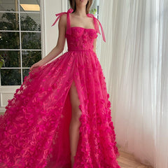 Eightree Hot Pink A-Line Prom Dresses Sleeveless Appliques Side Slit Evening Dress Saudi Arabia Cocktail Party Gowns Custom Size