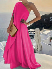 Women Sexy Off Shoulder Boho Long Dress Elegant One Shoulder Loose Party Dress Summer Fashion Button Solid Beach Maxi Dress