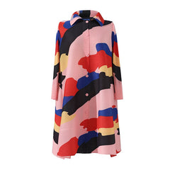 Miyake Pleated Loose Plus Size Dress for Women 2023 Spring Autumn Fashion Printed Square Collar Single Breasted Plump Girls Tops