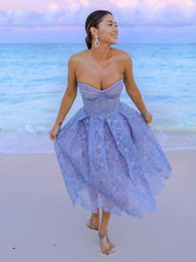 2023 Spring Summer Formal Evening Dress Women's Lace Embroidery Strapless A-line Tunic Midi Birthday Party Dresses White Purple