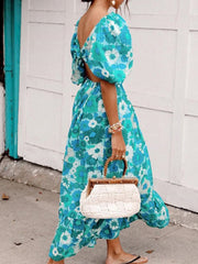 Hoobd Female Summer Floral Print Long Party Dress New Sexy V Neck Waist Folds Beach Dress 2023 Vintage Backless Loose Bohemia Dresses