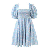 Sweet Princess Blue Flower Print Square Collar Puff Sleeve Mini Dress