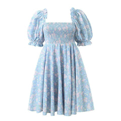 Sweet Princess Blue Flower Print Square Collar Puff Sleeve Mini Dress