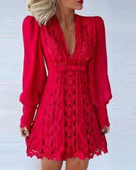 2023 New Women Autumn Boho Fashion Elegant Dresses Sexy V Neck Solid Sheer Mesh Long Puff Sleeve Butterfly White Lace Mini Dress