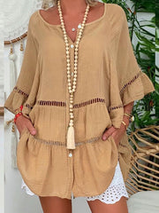 Hoobd Women Hollow Out Cotton Linen Mini Top Dress 2023 Summer V Neck Flared Sleeve Loose Irregular Dress Woman Casual Beach Dresses