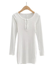 Women Fashion Slim-fit Solid Mini Dress Vintage O-Neck Long Sleeves Single Breasted Female Chic Lady Dresses
