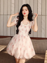 2023 Summer One Piece Dress Korean Kawaii Lolita Dress Women Beach Style Elegant Y2k Mini Dress Party Puff Sleeve Fairy Chic