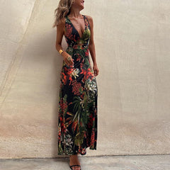 Ladies Sexy Slim Party Dresses Fashion Deep V Strap Big Backless High Waist Print Vacation Beach Dress 2023 New Women's Clothing