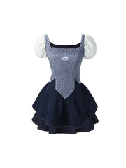 Elegant Sweet Dress Women Vintage Patchwork Party Mini Dresses Female Korean Fashion Holiday Square Collar Casual Dress Summer