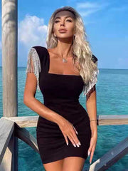 Hoobd New Ladies Summer Fashion Ladies Sexy Tassel Diamond Crystal Black Bodycon Bandage Dress Elegant Evening Party Dress