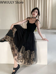 French Vintage Black Strap Dress Gothic Casual Summer Sleeveless Sexy Retro Midi Dress Slim Korean Style Party Dress Woman
