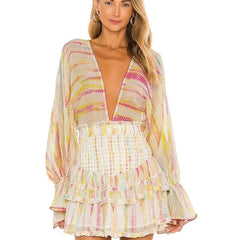 2023 Summer Holiday Vocation Long Sleeve Sexy V-neck Ruffled A-line Beach Playsuit with Headband