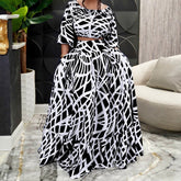 Women's Temperament Elegant Printed Cross-border Half Skirt Fashion Suit Mid-sleeve Office Street Clothes Girls Wear Dress S~3XL