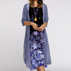 Hoobd Fashion Women Dress Autumn Sleeveless O-neck Print Loose Party Dresses +Cardigan Shawl Elegant Casual Lady Two Piece Set Dress