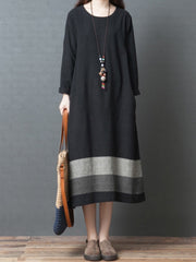 Women Casual Dress New Arrival 2023 Autumn Vintage Style O-neck Loose Comfortable Female Cotton Linen Long Dress B2881