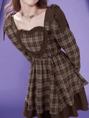 Kawaii Lolita Dress Preppy Style Ruffles Patchwork Long Sleeve Plaid Dresses Elegant Vintage Puff Sleeve Square Collar