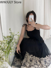 French Vintage Black Strap Dress Gothic Casual Summer Sleeveless Sexy Retro Midi Dress Slim Korean Style Party Dress Woman