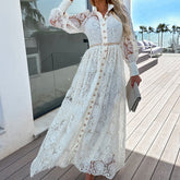 Elegant Stand Collar Button Shirt Dress Sexy Lace Embroidery Stitch Long Dress Lady Casual Long Sleeve Hollow Solid Party Dress