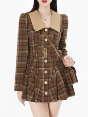 Hoobd France Vintage Party Mini Dresses Women Korean Style Elegant Pleated Dress Female Warm Sweet Retro Dress Coat Autumn Winter