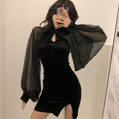 Women's Cheongsam Qipao Dress Velvet Side Split Lantern Sleeve Slim Fit Long Sleeves Dress Mandarin Collar Mini Dress