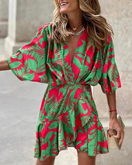 2023 Summer Irregular Mini Dress For Women Fashion Print Casual Bohemia Vacation Sundress Women's Bat Sleeve Ruffles Dresses