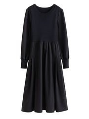 Women Round Neck Mid-Calf Thicken Sweater Dresses Patchwork Design Office Lady Black Slim Pullover A-LINE Skirts