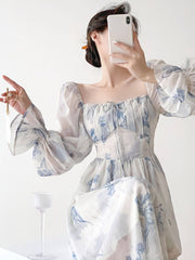 2023 Summer French Elegant Floral Midi Dress Party Chiffon Vintage Fashion Dress Beach Long Sleeve Casual Dress Office Lady Chic
