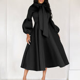 Hoobd2023 Autumn/Winter New Women's Dress Fashionable Bubble Sleeve Lacing Large Hem High Waist Dress Casual Elegant Women's Dress