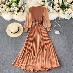 Women's Elegant Long Dress Spring and Summer Bubble Long Sleeve Pleated Belt Long Skirt 2023 Ladies French Temperament New Dress