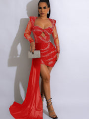 Beautiful Rhinestones Long Straps Mini Dress Womens New Chic Cut-Out Sheer Mesh Sequins Party Dresses Christmas Outfits