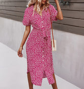 2023 Summer Puff Sleeve Long Dress Women Elegant Printed V-Neck Maxi Dresses Boho Drawstring Loose Holiday Beach Dress