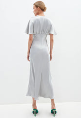 Women Vintage Sliver Ruffled Sleeve Slim Satin Dress Short Sleeve Sexy V neck Solid High Street Elegant Casual Dress Summer