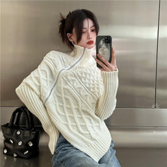 Irregular twist turtleneck pullover sweater women's winter design different loose thin versatile long -sleeved knitted jacket