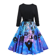 Pumpkin Ghost Star Galaxy Print Halloween Dress Long Sleeve Belted Flare Combo Dress Autumn Knee Length Casual Dress for Women