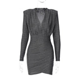 Elegant Autumn Deep V Shoulder Pads Long Sleeve Mini Dress for Women Fashion Sexy Bodycon Ruched Party Club Dresses