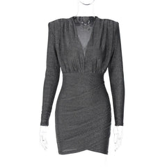 Elegant Autumn Deep V Shoulder Pads Long Sleeve Mini Dress for Women Fashion Sexy Bodycon Ruched Party Club Dresses