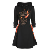 Women Gothic Hooded Dress Slight Stretch Sweatshirt Dresses Cat Hat Moon Print Tie Long Sleeve A-Line Mini Casual Dress
