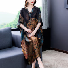 2023 Loose Casual Flesh Covering Silk Print Mulberry Silk Long Dress Summer Retro 4XL Plus Size Chiffon Dress Women Vestidos