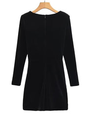 Hoobd New Spring 2023 Women Long Sleeve V Neck Ruched Velvet Mini Dress Vintage Ladies Sexy Vestido
