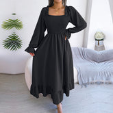 2023 New Women Spring Summer Casual Solid Color Square Neck Flare Large Swing Ruffles Long Dress For Fashion