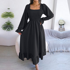 2023 New Women Spring Summer Casual Solid Color Square Neck Flare Large Swing Ruffles Long Dress For Fashion