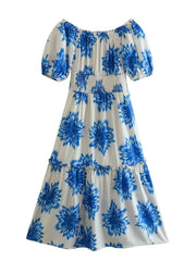 Hoobd New 2023 Women Floral Print Sexy Off Shoulder Dress Vintage Short Puff Sleeve Elastic Waist Female Holiday Summer Dress