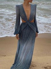 Hoobd Sexy V-Neck Backless Hollow Out Dress 2023 Summer Women Lantern Sleeve Club Party Long Maxi Dresses Tunic Beach Cover Up A916