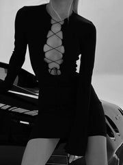 Autumn Sexy Bandage Black Mini Dress for Women Fashion Outfits Party Club Long Sleeve Bodycon Dresses Vestido Knit
