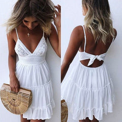 Hoobd Ruffle Solid Mini Dress 2023 Summer Sleeveless Bow Back Chic Sundress Deep V Neck Bohemian Short Beach Dresses for Women
