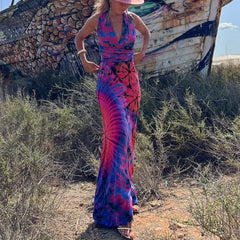 Hoobd2023 Casual Summer Women Dress DIY Wearing Tie Dyeing Printing Fashion Sleeveless Dresses Sundress Beach Style Dresses