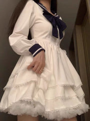 Autumn Japanese Kawaii Mini Dress Women College Style Bow Sweet Chic Fluffy Dress Korean Style Elegant Casual Dress Female