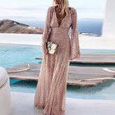 Autumn Fashion Perspective Mesh Prom Robe Dress Long Sleeve Hem Flowy Women Party Dresses Sexy Deep V High Waist Sequin Dress