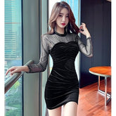 Black Red Blue Velvet Dress Women Sexy Party Dresses Women Evening Perspective Mesh Mini Dress Ladies Folds Tight Pencil